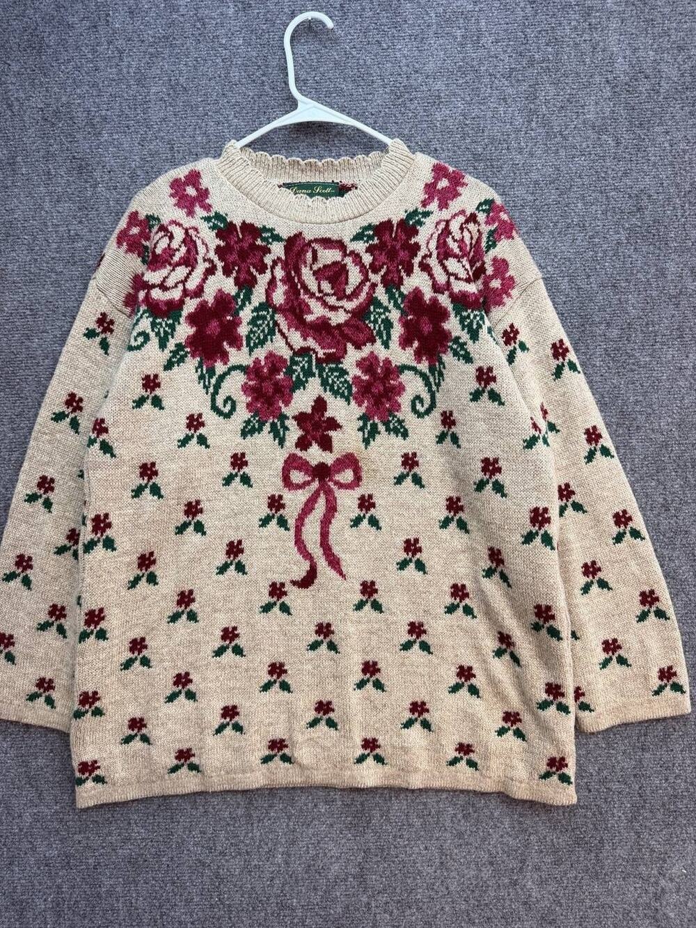 Dana Scott Women’s Floral Rose Bow Knit Pullover Sweater Beige Size M